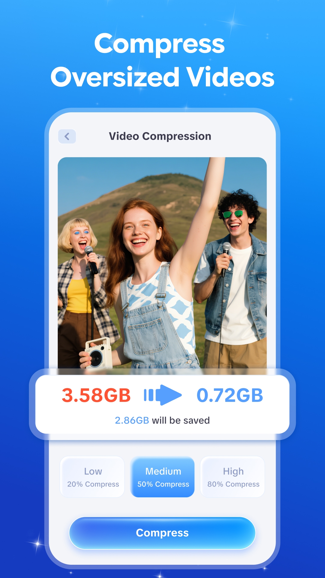 iClean video compression screen with file size savings
