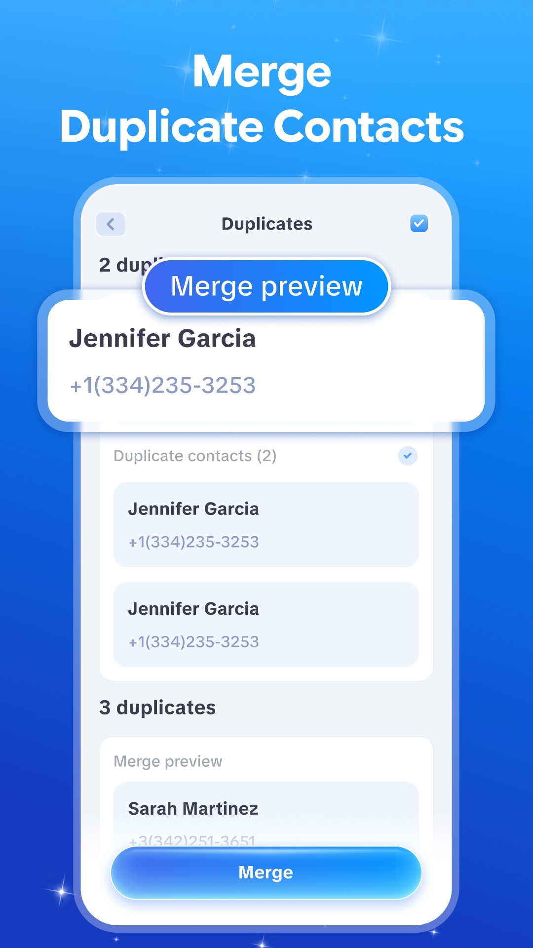 iClean duplicate contacts merge preview